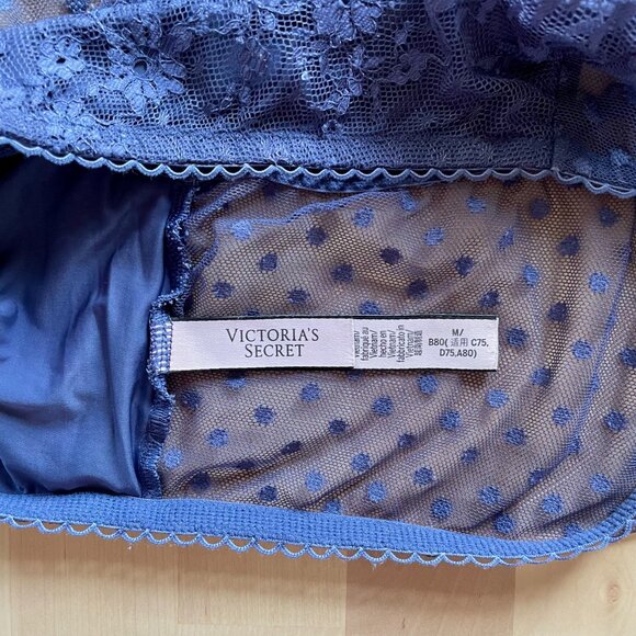 Victoria's Secret Blue Sheer Polka Dot Floral Mesh Racerback Bralette Bra sz Med - Picture 3 of 5